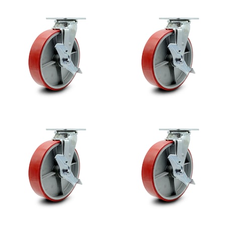 Service Caster 8 Inch Red Poly on Cast Iron Swivel Caster Set with Roller Bearings and Brakes SCC-30CS820-PUR-RS-TLB-4